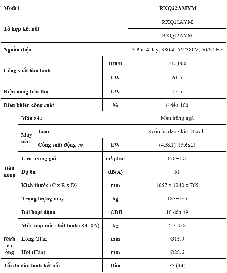 Đặc điểm kỹ thuật RXQ22AMYM